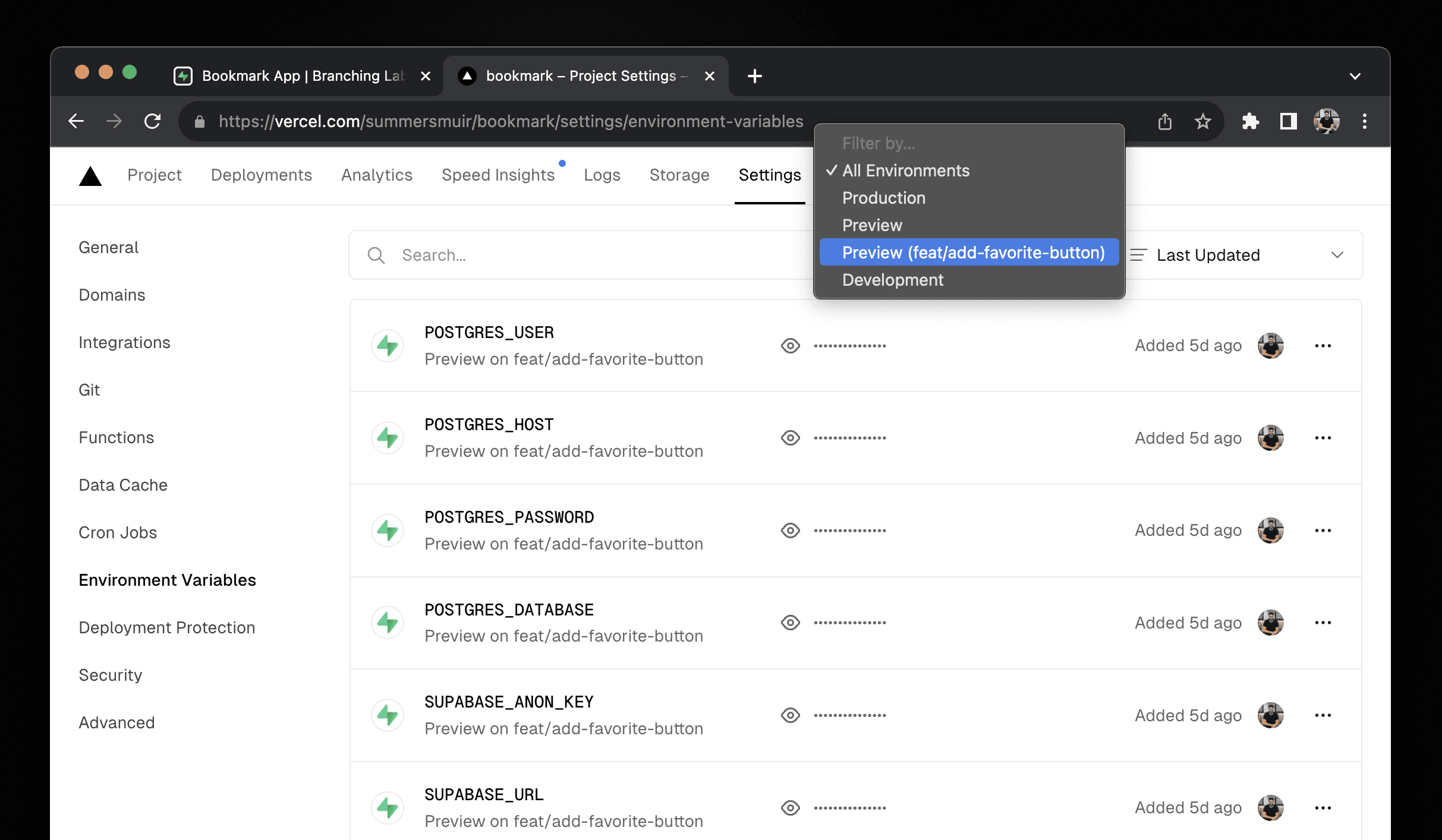 Vercel environment variables settings page, showing the Git branch based env vars.